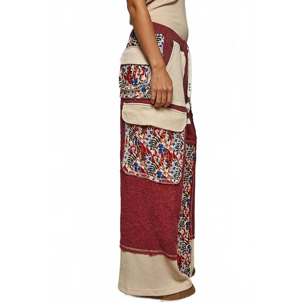 NEW POL contrast thermal knit patchwork pants in burgundy - Picture 3 of 5
